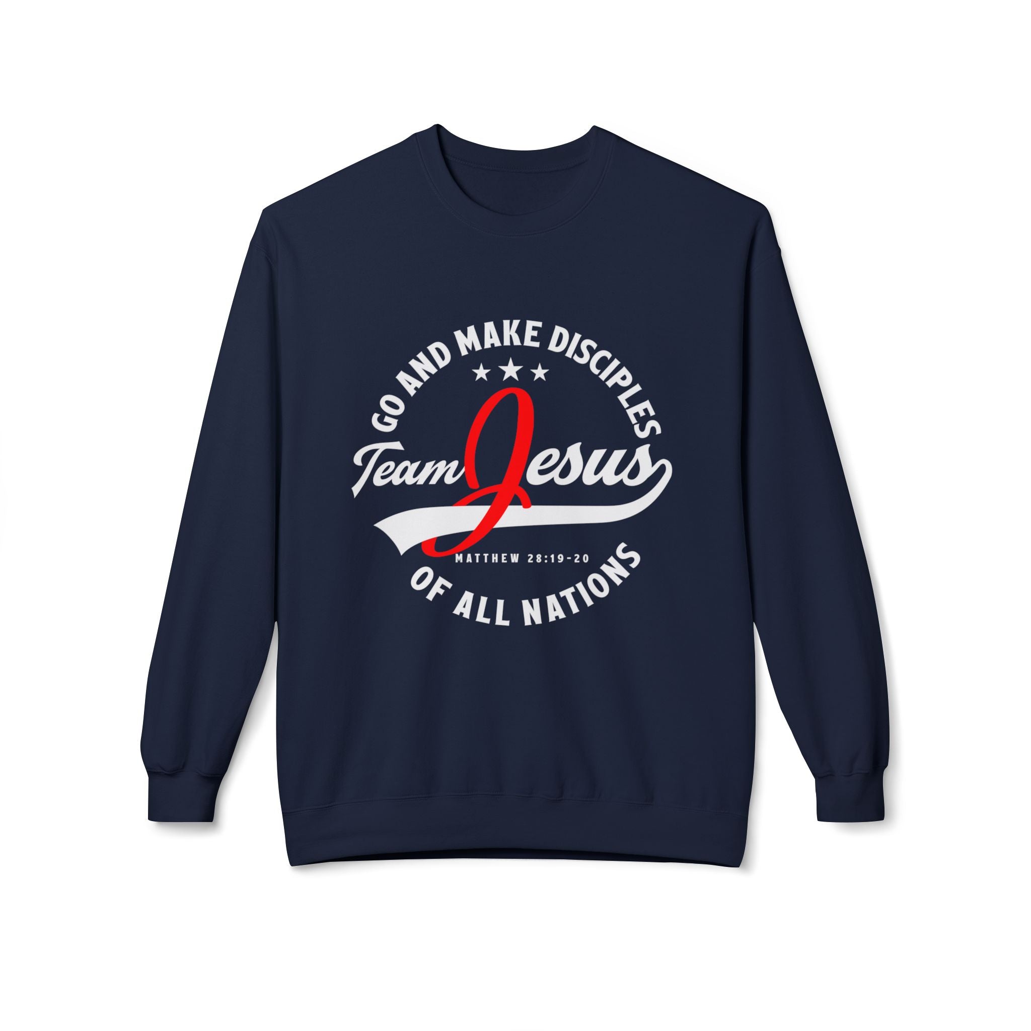 Unisex midweight softstyle fleece crewneck sweatshirt with "Team Jesus" printed design, from Printify.