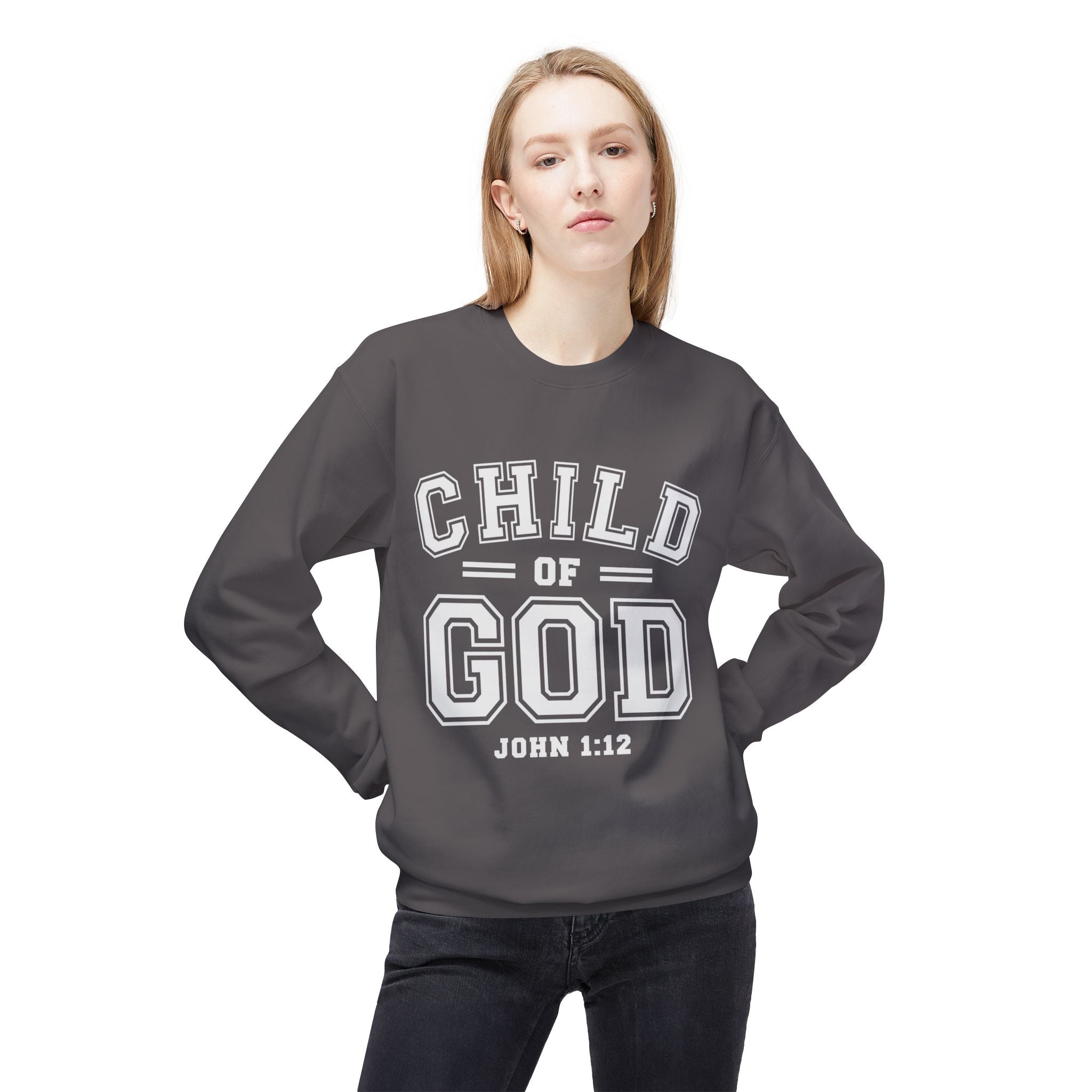 Unisex midweight softstyle fleece crewneck sweatshirt with "Child of God" print, in a casual, comfortable fit.