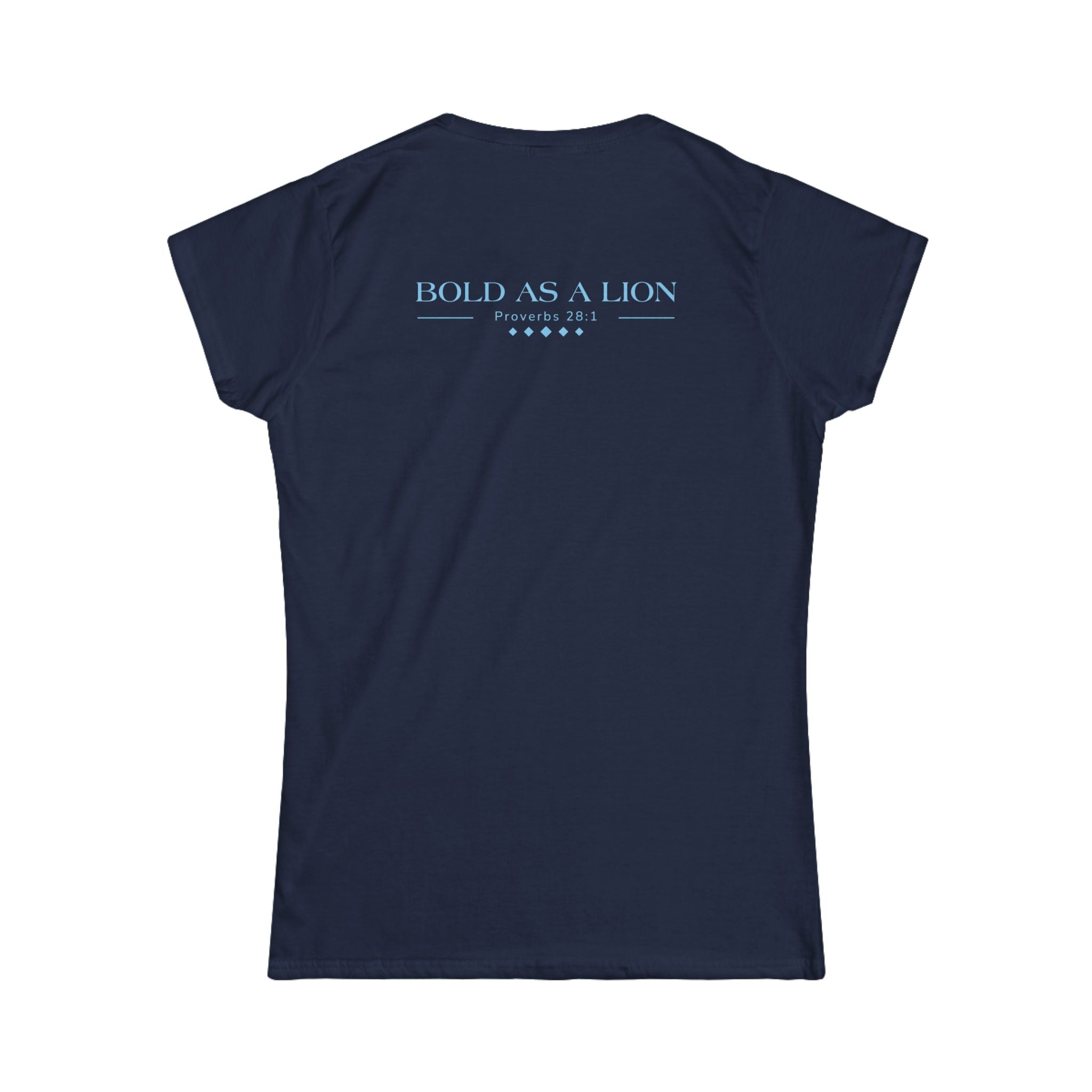 Women's softstyle T-shirt by Printify featuring bold lion graphic and "BOLD AS A LION" slogan on front.