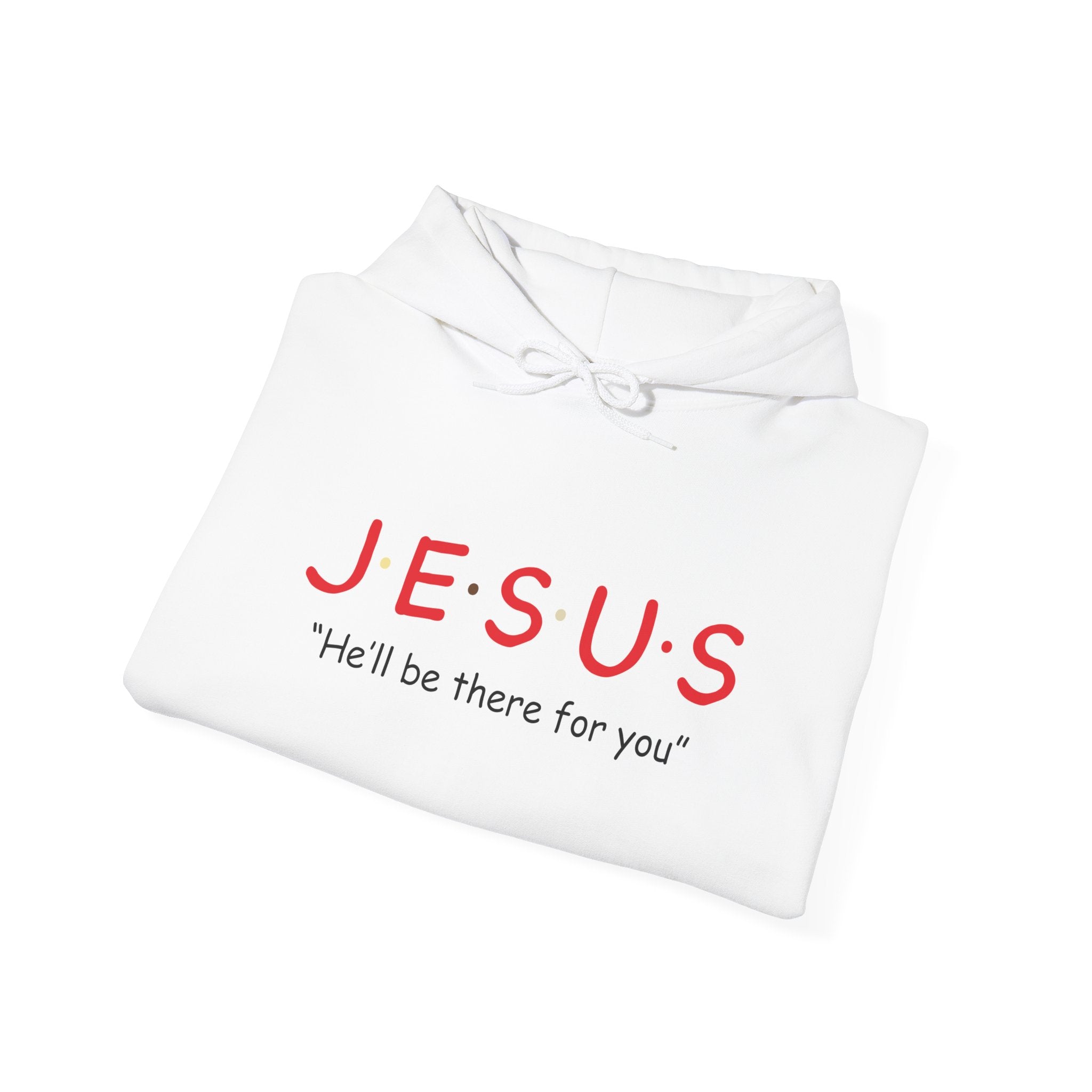 Unisex Heavy Blend™ Hoodie by Printify featuring a Jesus design, with a hood, front pocket, and casual fit.