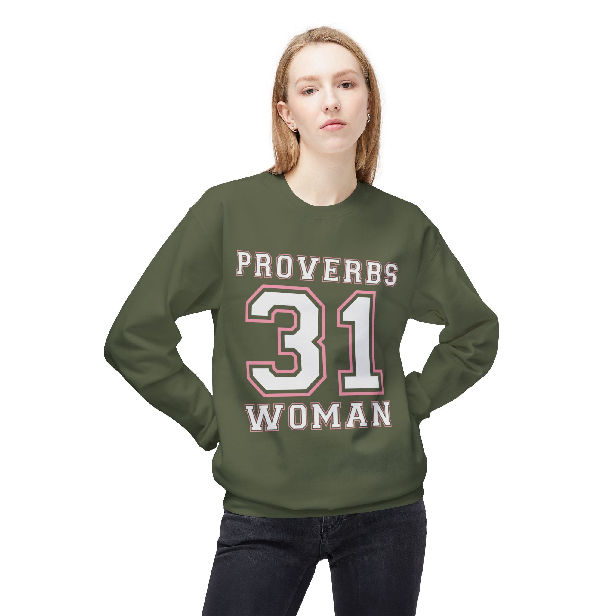 Unisex midweight softstyle fleece crewneck sweatshirt featuring Proverbs 31 Woman design by Printify, shown in a close-up view.