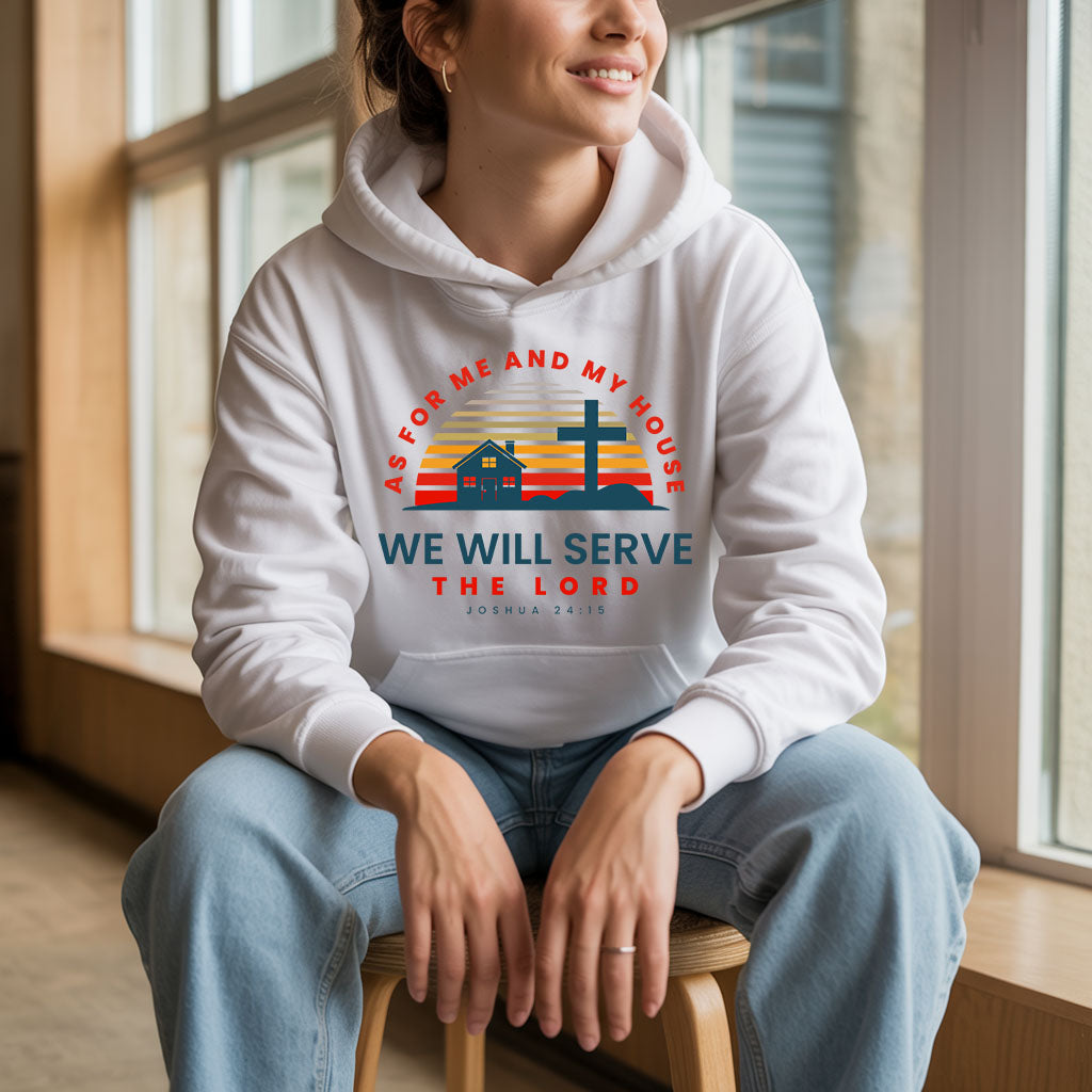 Unisex Heavy Blend hoodie featuring the quote "As for Me and My House We Will Serve the Lord" in bold black text.