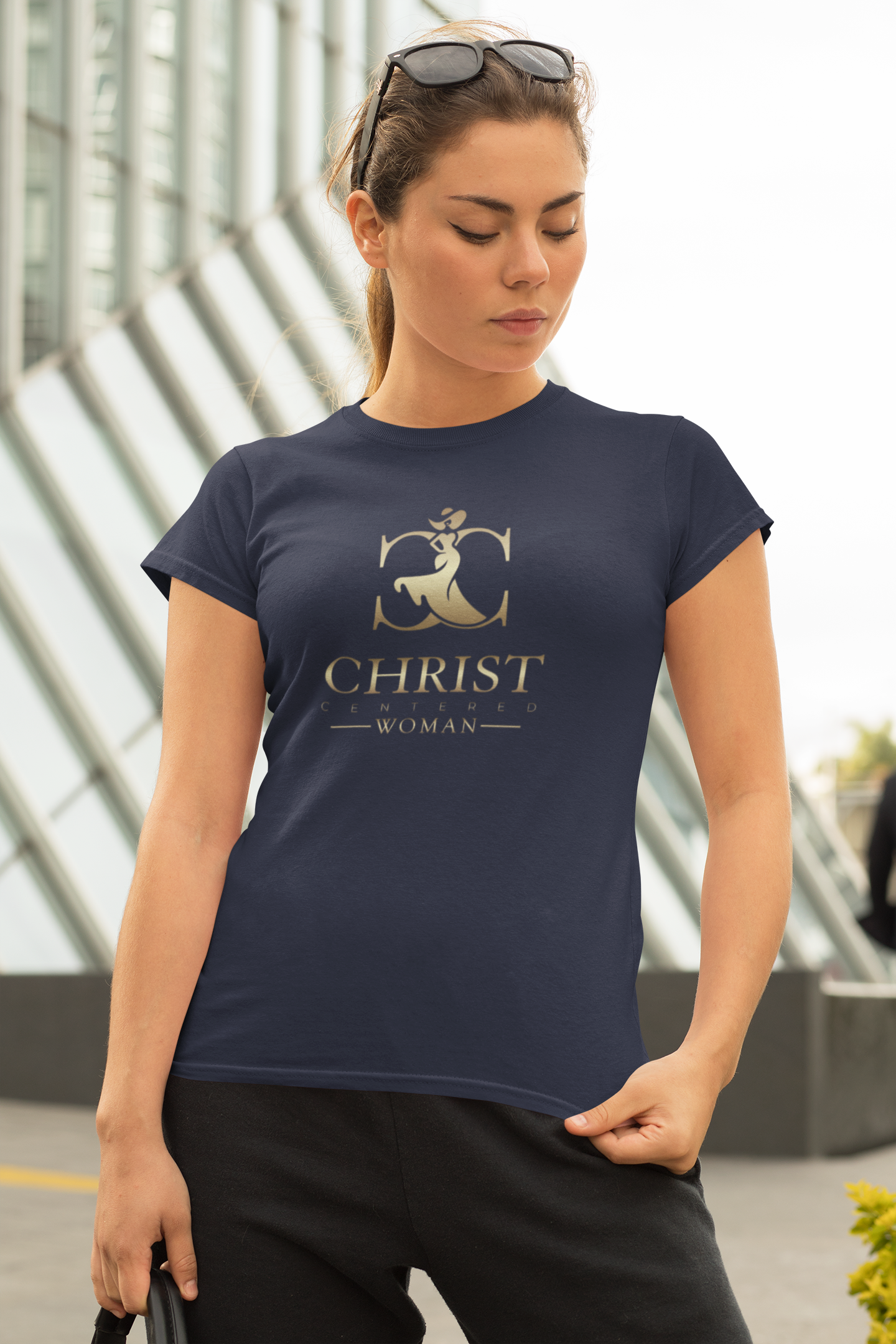 Women's softstyle T-shirt by Printify featuring a woman with sunglasses, inspired by the Christ Centered Woman "She Is Not Afraid" design.