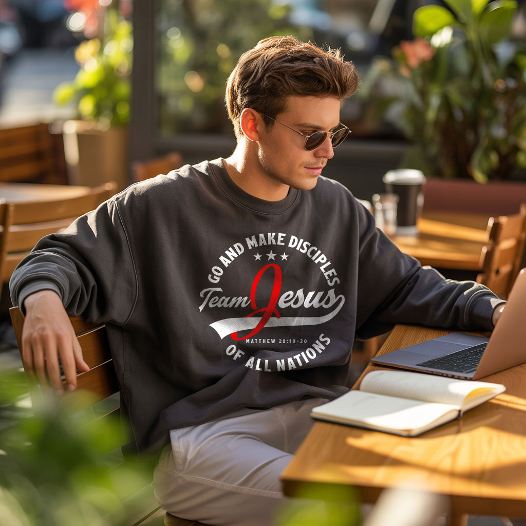 Unisex midweight softstyle fleece crewneck sweatshirt with "Team Jesus" print, comfortable casual clothing by Printify.