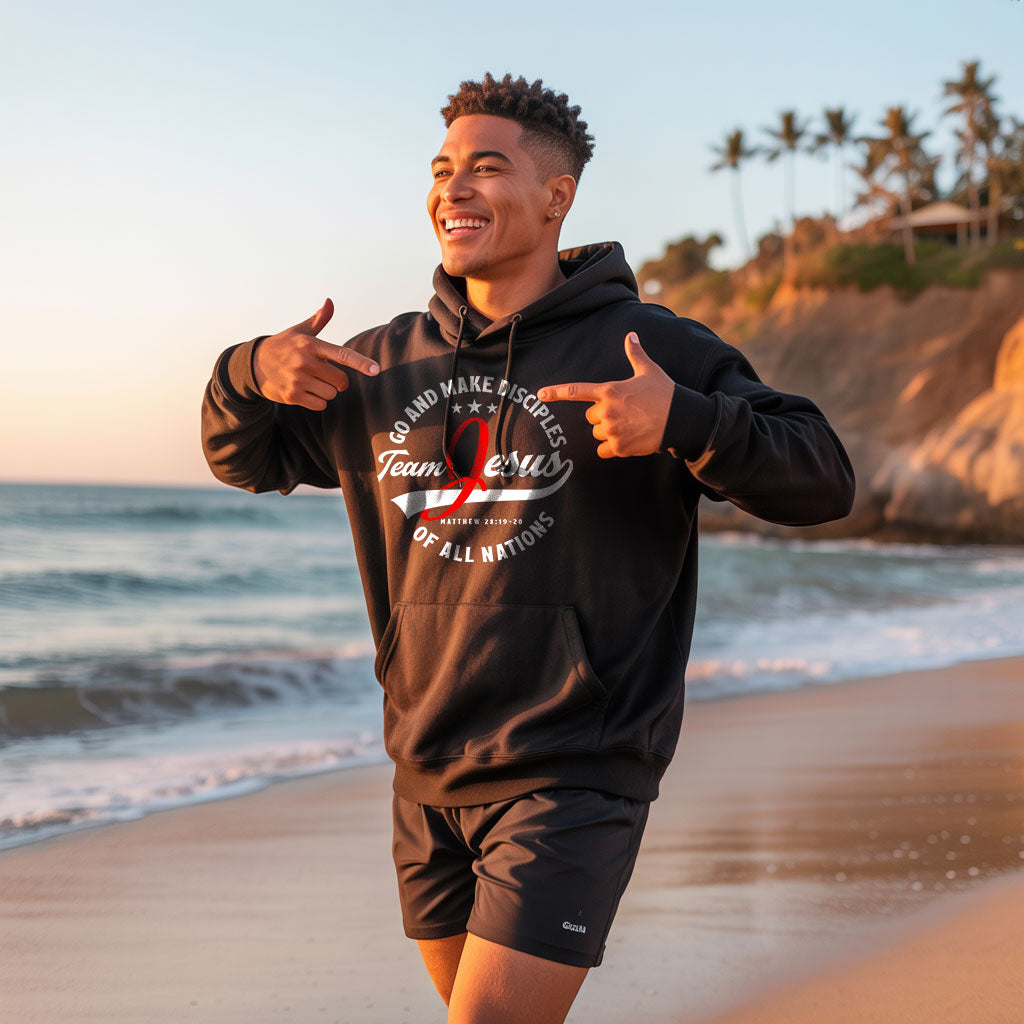 Unisex Heavy Blend™ Hoodie featuring "Team Jesus" design by Printify, showing a comfortable gray hooded sweatshirt with printed front graphic.
