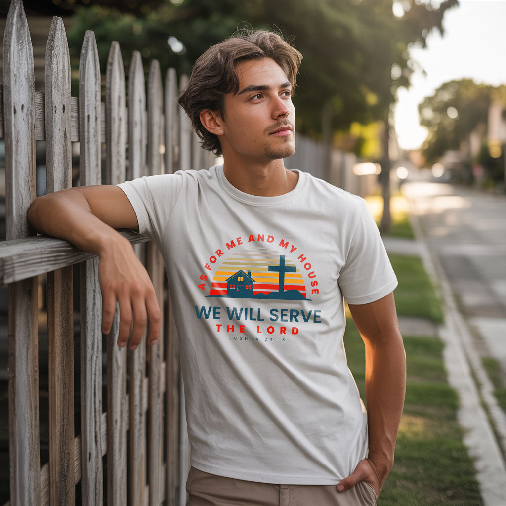 Unisex softstyle T-shirt with biblical phrase "As for Me and My House We Will Serve the Lord" in stylish print.