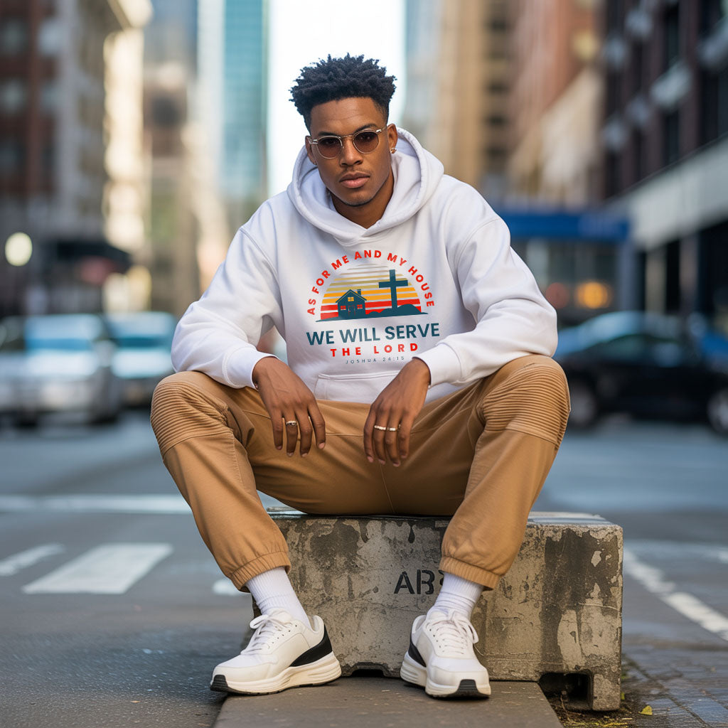 Unisex Heavy Blend hoodie with Christian quote "As for Me and My House We Will Serve the Lord" printed on front, by Printify.