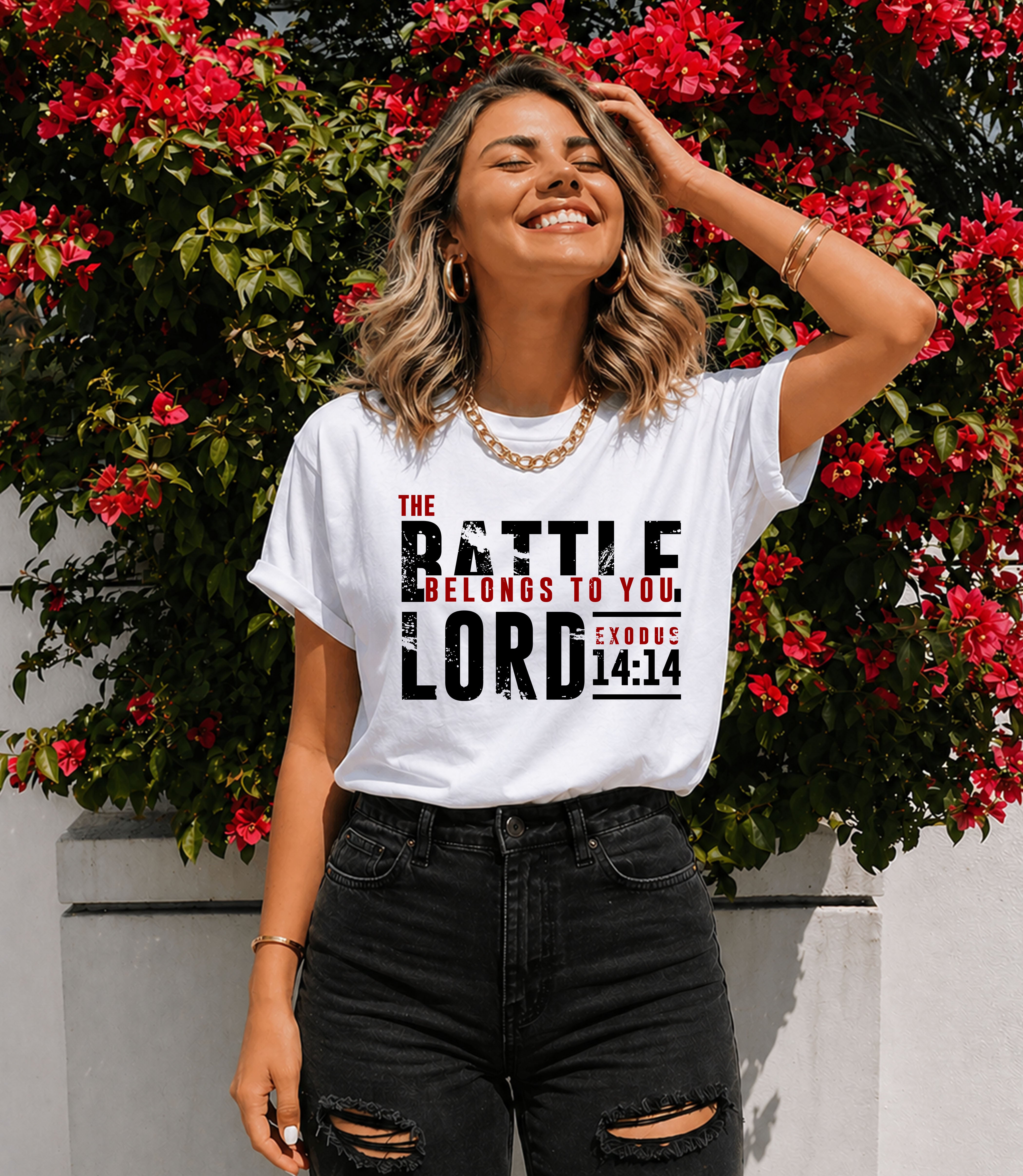 Unisex Softstyle T-Shirt with "The Battle Belongs to the Lord" printed design, made by Printify, shown in the image.