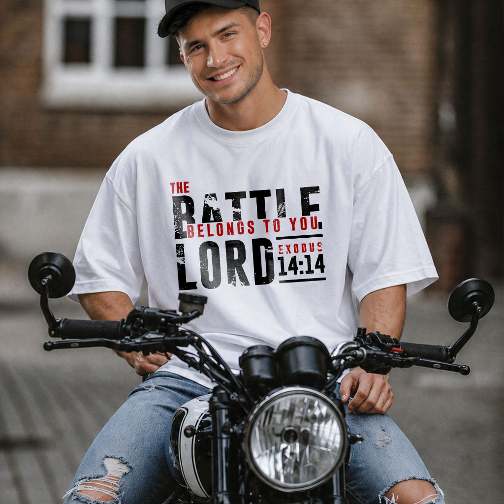 Unisex Softstyle T-Shirt by Printify featuring the design "The Battle Belongs to the Lord" in bold text on a comfortable fabric.