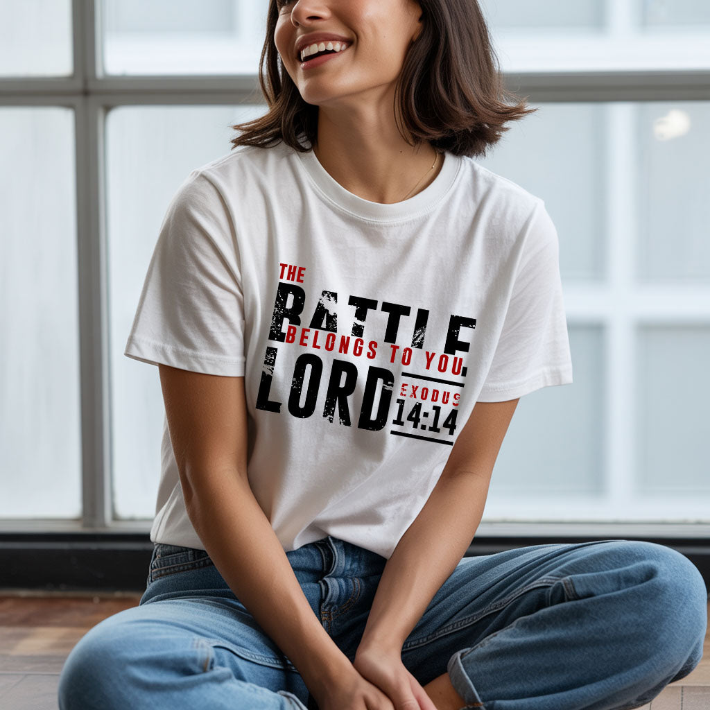 Unisex softstyle T-shirt featuring religious text design, made by Printify, showcasing the front view of the Battle Belongs to the Lord shirt.