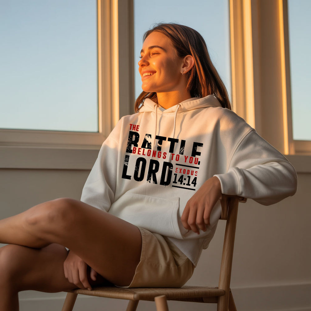 Unisex Heavy Blend hoodie featuring "The Battle Belongs to the Lord" design, in black with hood and front pocket.