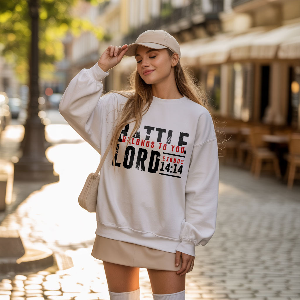 Unisex midweight softstyle fleece crewneck sweatshirt with "The Battle Belongs to the Lord" printed design by Printify.