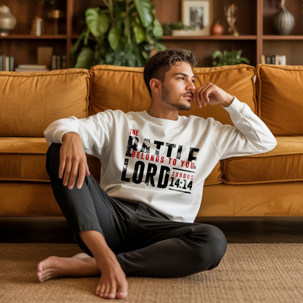 Unisex midweight softstyle fleece crewneck sweatshirt with "The Battle Belongs to the Lord" design by Printify, showing front view.