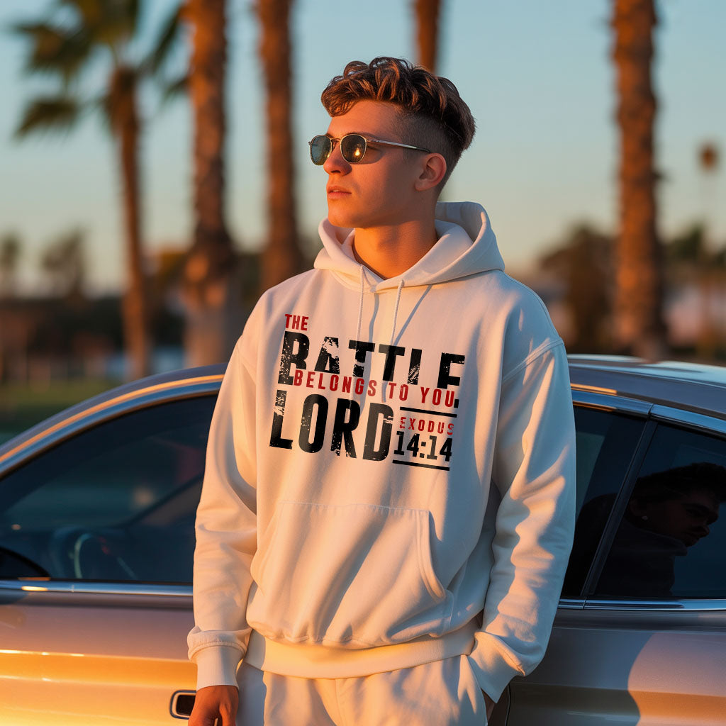 Unisex Heavy Blend™ hoodie with "The Battle Belongs to the Lord" print, featuring a front pocket and drawstring hood.