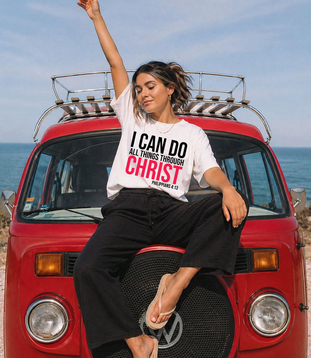 Unisex Softstyle T-Shirt with inspirational Bible verse "I Can Do All Things Through Christ" in bold print, by Printify.