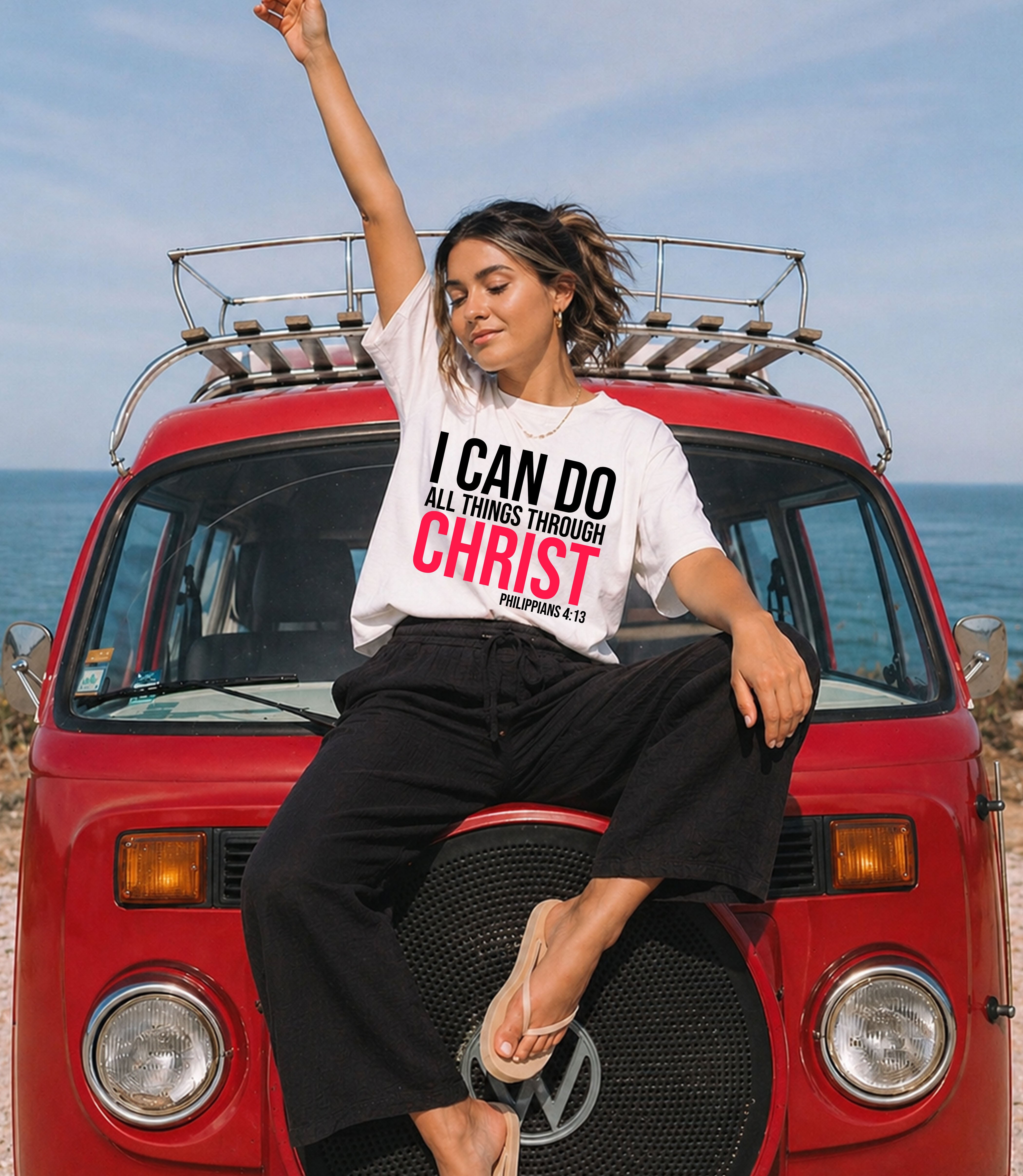 Unisex Softstyle T-Shirt with inspirational Bible verse "I Can Do All Things Through Christ" in bold print, by Printify.