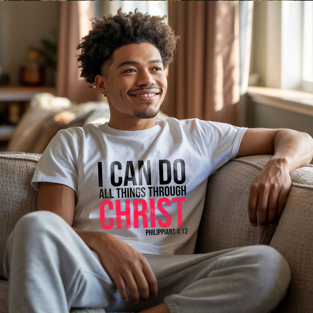Unisex softstyle T-shirt by Printify featuring the inspirational "I Can Do All Things Through Christ" text on a comfortable fabric.