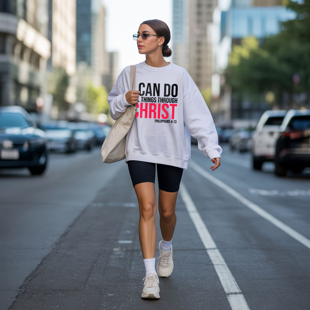Unisex midweight softstyle fleece crewneck sweatshirt with "I Can Do All Things Through Christ" print, by Printify.