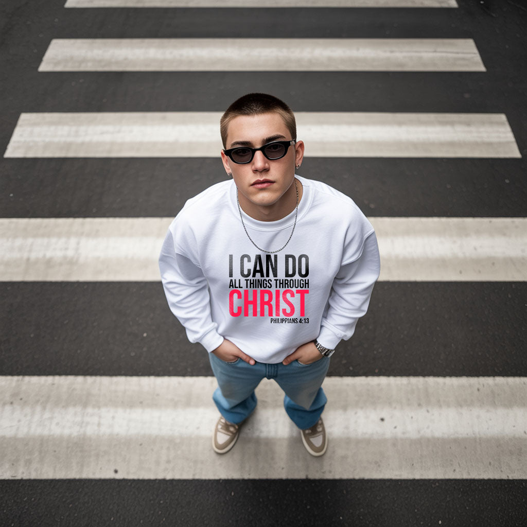 Unisex midweight softstyle fleece crewneck sweatshirt with "I Can Do All Things Through Christ" print, by Printify.