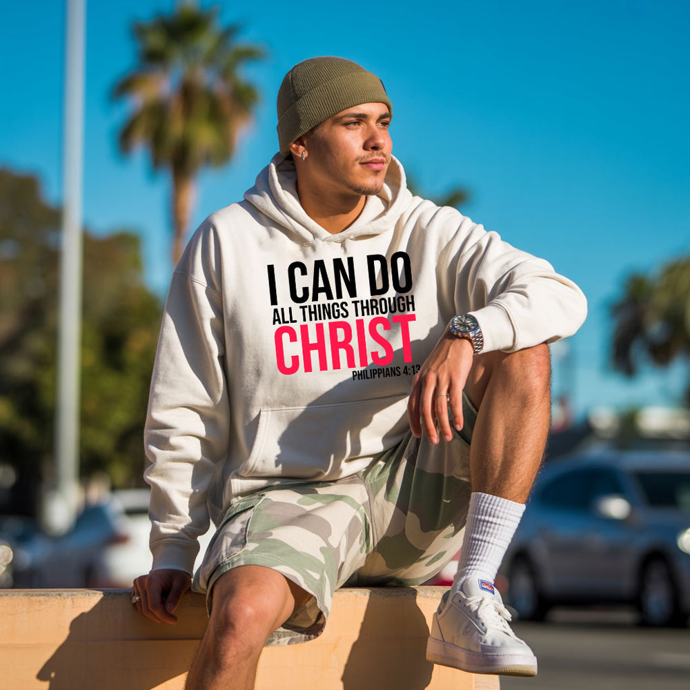 Unisex Heavy Blend hoodie by Printify featuring the "I Can Do All Things Through Christ" inspirational text, gray fabric, front view.