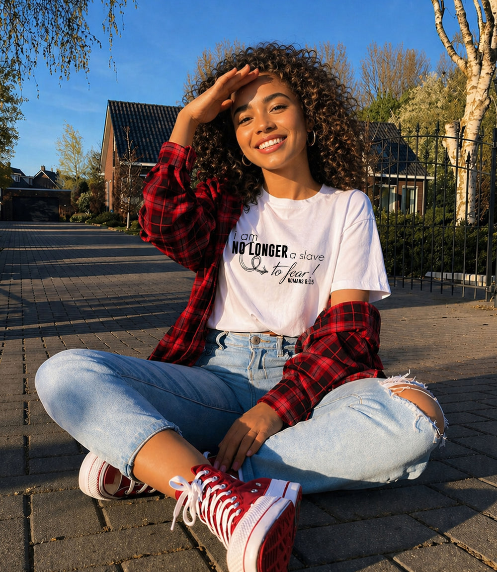Women's softstyle T-shirt with "I am No Longer A Slave to Fear" printed on front, in a comfortable casual style.