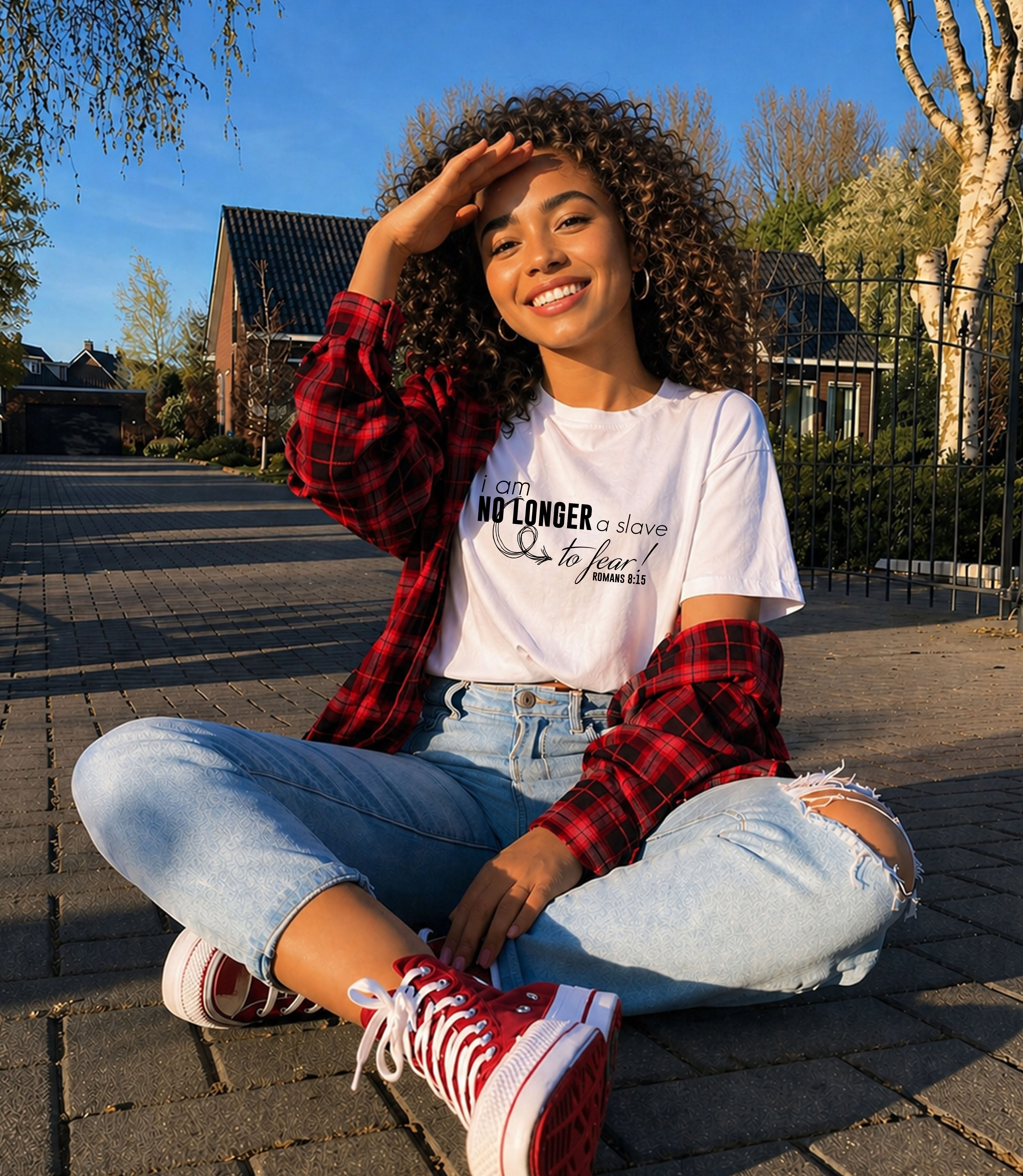 Women's softstyle T-shirt with "I am No Longer A Slave to Fear" printed on front, in a comfortable casual style.
