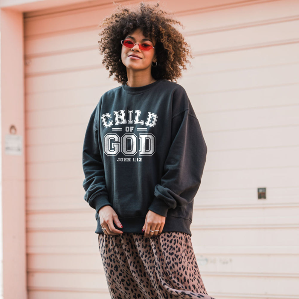 Unisex midweight softstyle fleece crewneck sweatshirt featuring "Child of God" print, made by Printify, shown in the image.