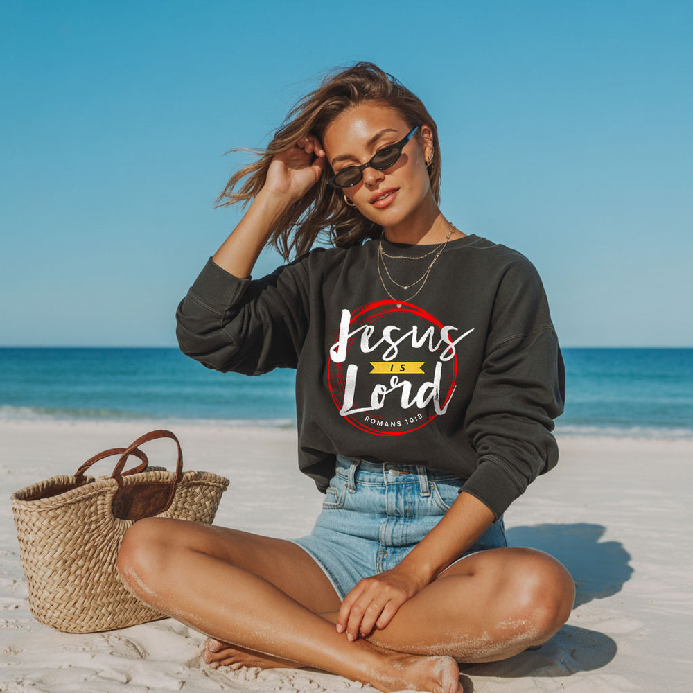 Unisex midweight softstyle fleece crewneck sweatshirt with "Jesus is Lord" print, made by Printify, showing front view.