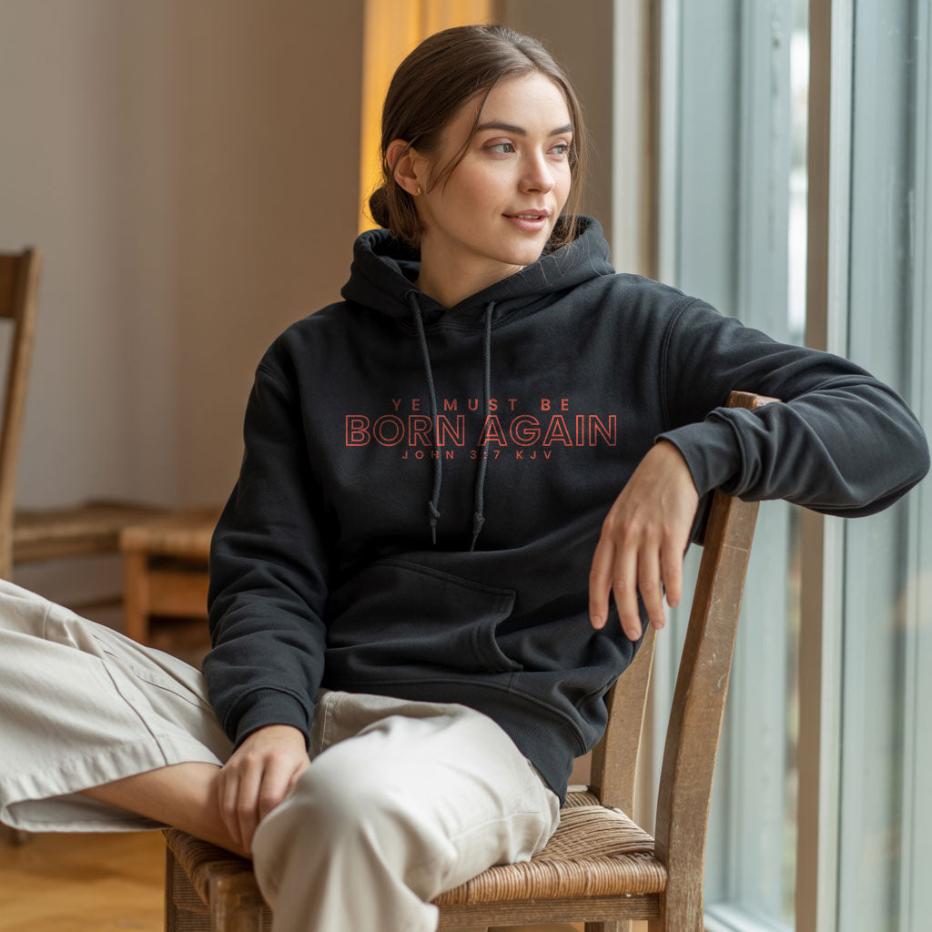 Unisex Heavy Blend hoodie by Printify featuring the "Ye Must Be Born Again" design, shown in a front view with hood and logo details.