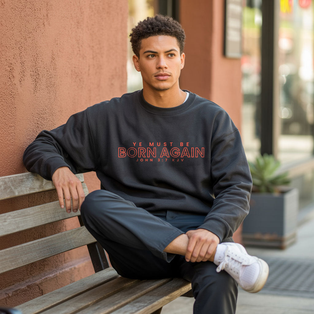 Unisex midweight softstyle fleece crewneck sweatshirt with "Ye Must Be Born Again" print, comfortable and stylish by Printify.