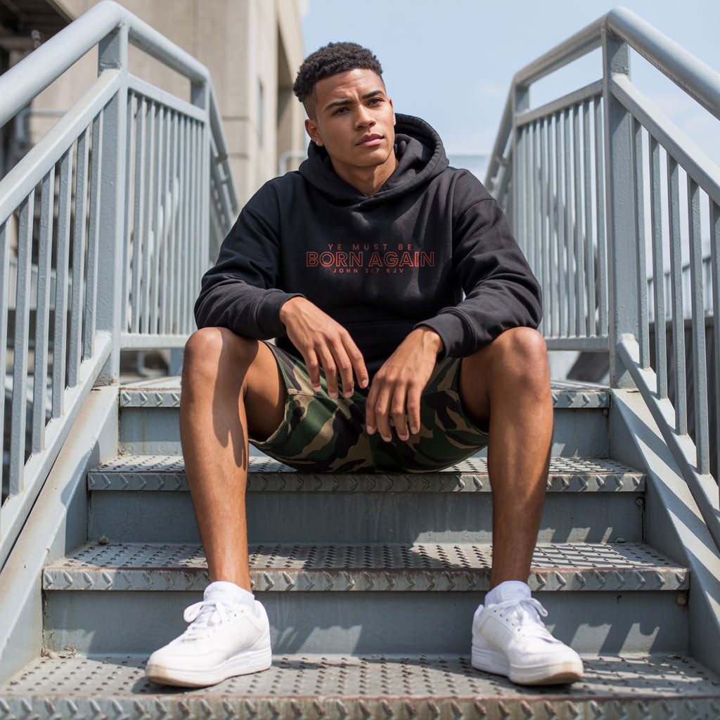 Unisex Heavy Blend™ hoodie with "Ye Must Be Born Again" print, featuring a front pocket and hood, in gray color.