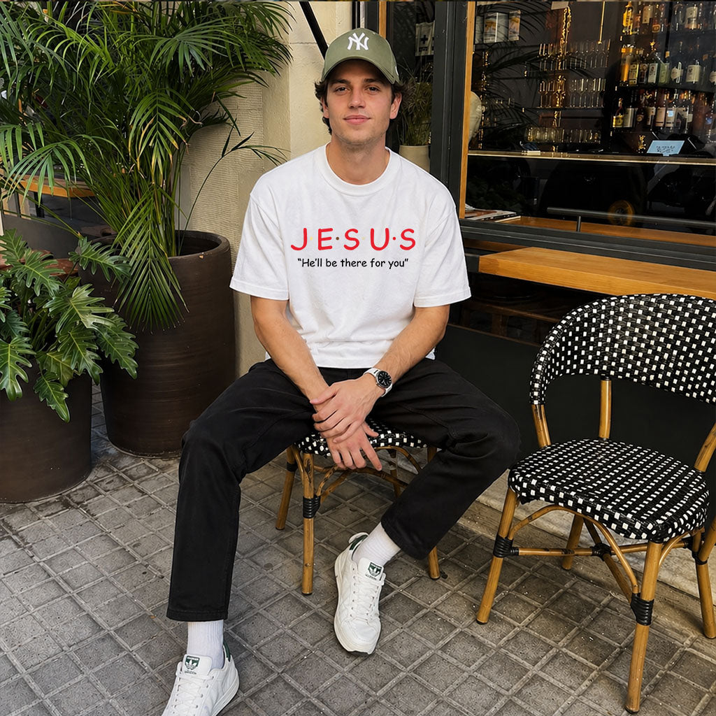 Unisex softstyle T-shirt featuring a Jesus design, with a comforting message, by Printify, shown in a close-up of the front.