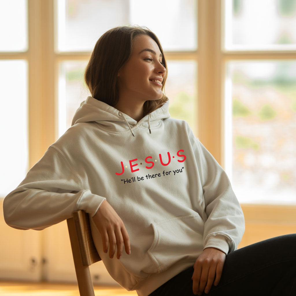 Unisex Heavy Blend™ hoodie featuring a Jesus design, with a front pocket and drawstring hood, by Printify.