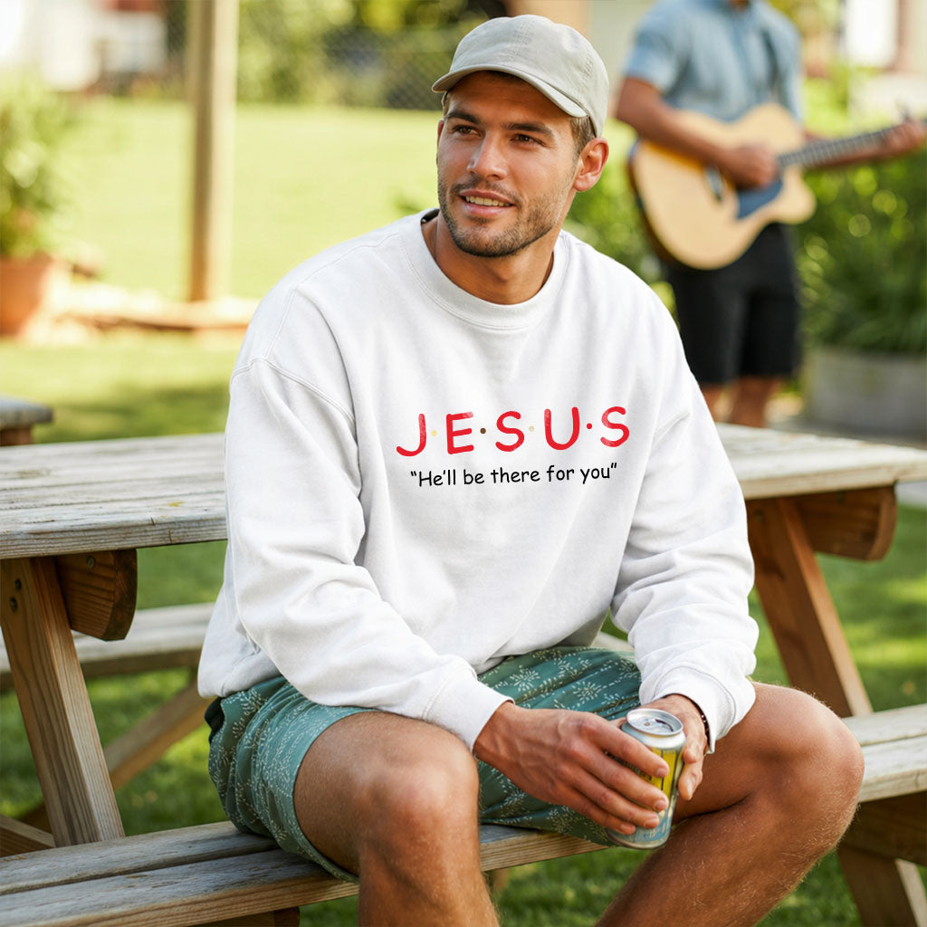 Unisex midweight softstyle fleece crewneck sweatshirt with Jesus "He'll Be There For You" design by Printify, showing front view.