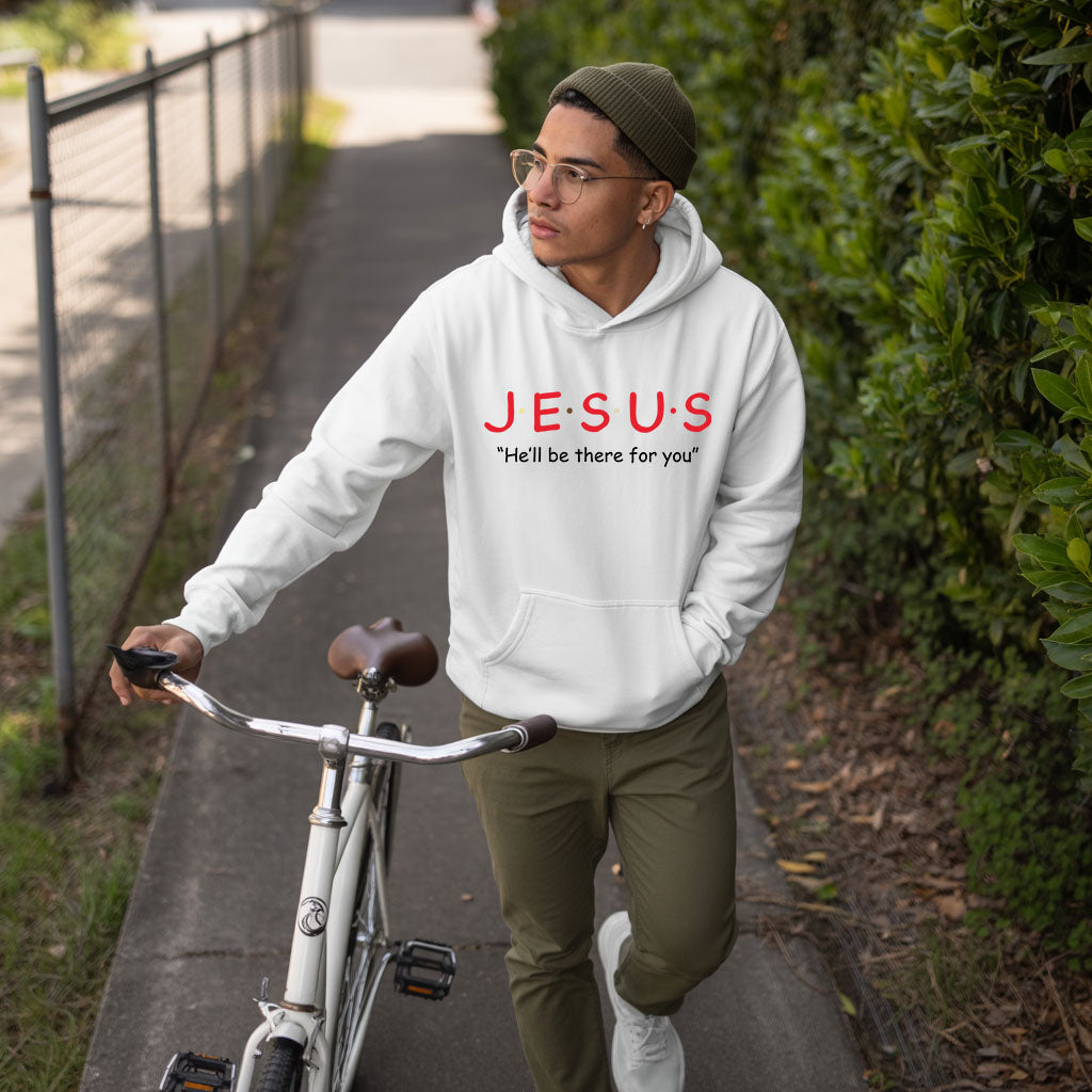 Unisex Heavy Blend™ hoodie by Printify featuring a Jesus-themed design, showcasing a front view with hood and printed graphic.