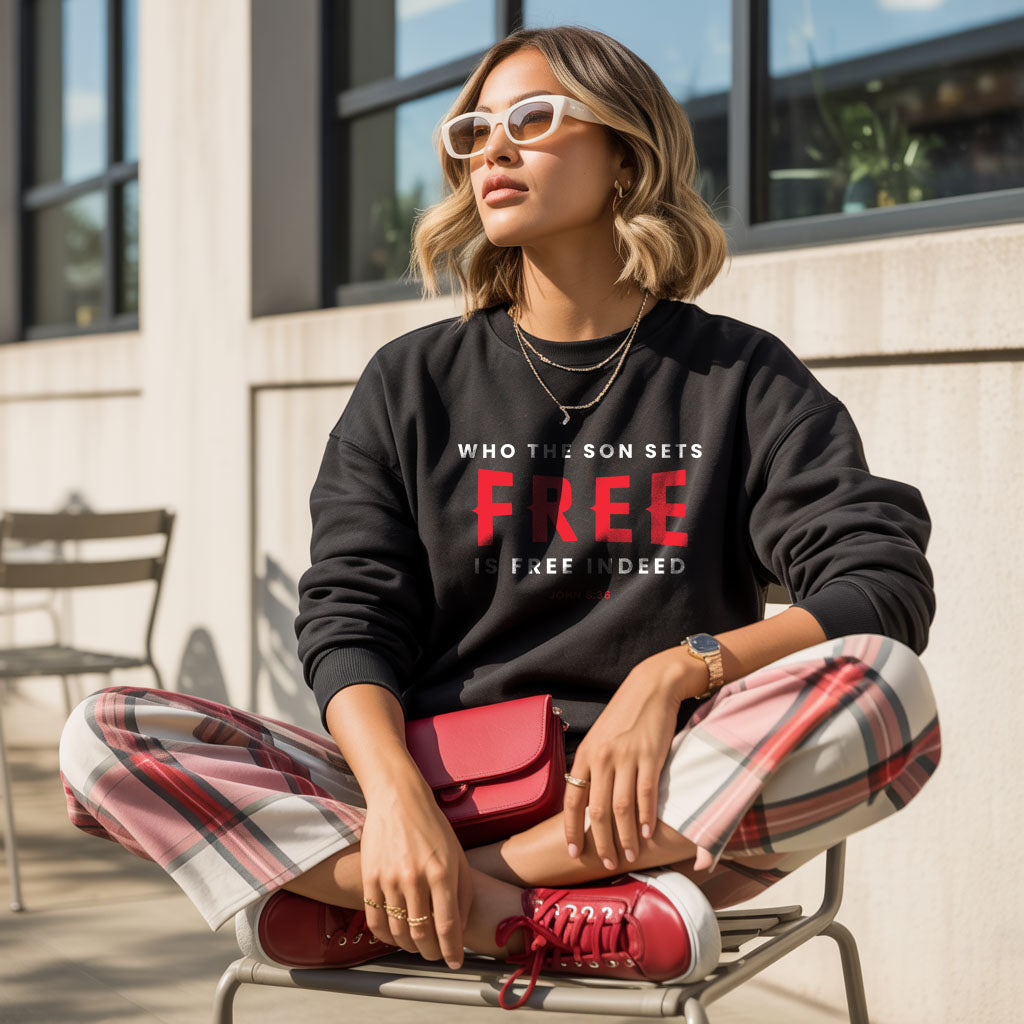 Unisex midweight softstyle fleece crewneck sweatshirt with "Who the Son Sets Free is Free Indeed" print, by Printify.