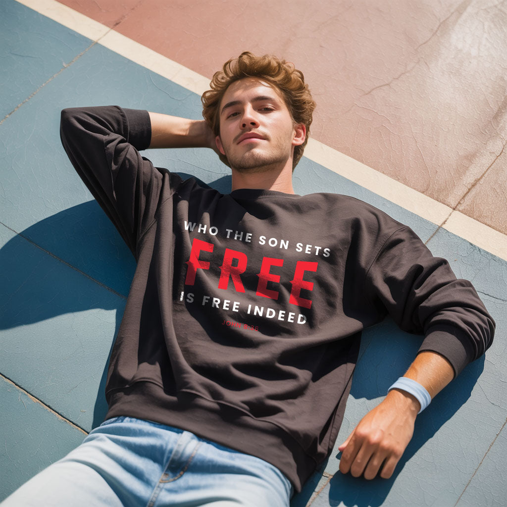 Unisex midweight softstyle fleece crewneck sweatshirt with "Who the Son Sets Free is Free Indeed" print, by Printify.