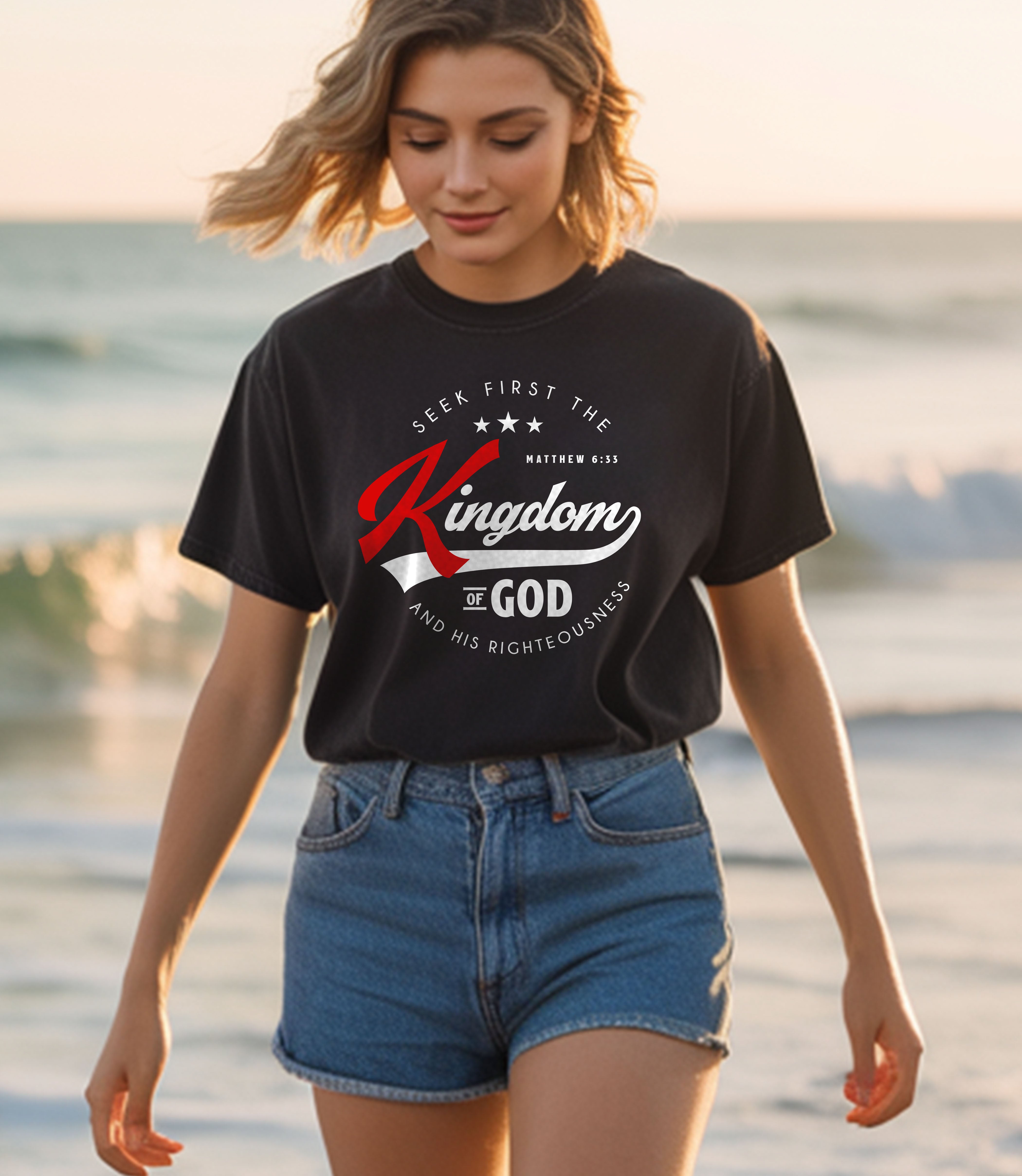 Unisex Softstyle T-Shirt by Printify featuring the "Seek First the Kingdom of God" design, shown on a white fabric.