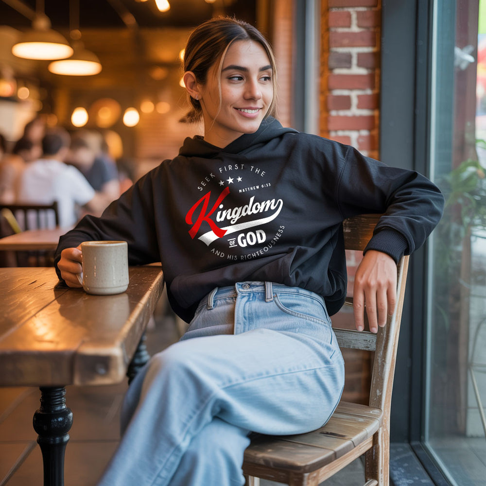 Unisex Heavy Blend hoodie featuring "Seek First the Kingdom of God" text, in a casual fit, by Printify.