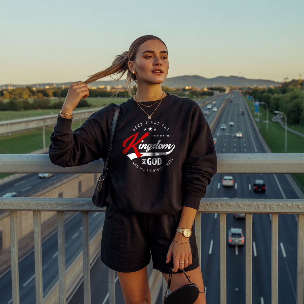 Unisex midweight softstyle fleece crewneck sweatshirt with "Seek First the Kingdom of God" print, by Printify.
