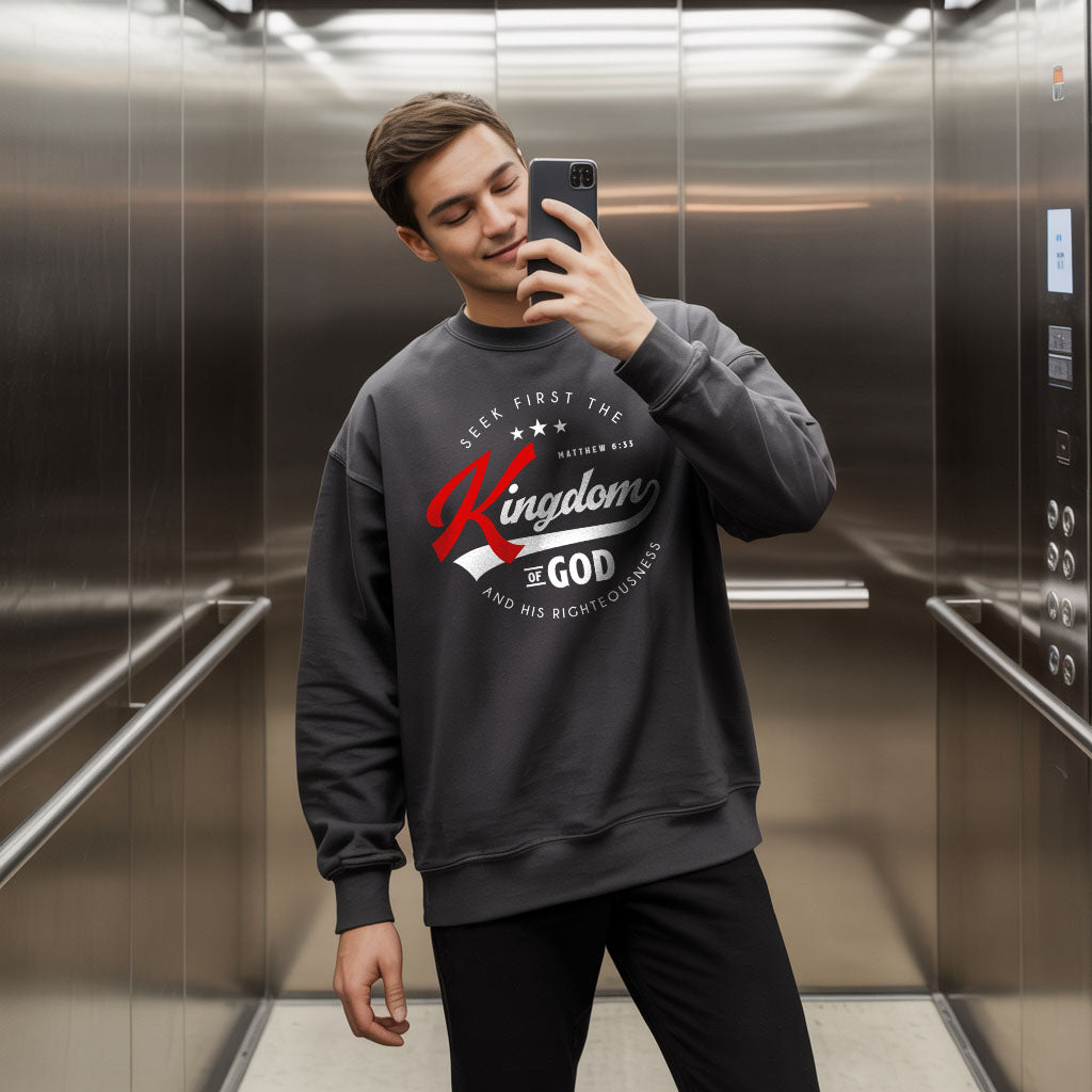 Unisex midweight softstyle fleece crewneck sweatshirt with "Seek First the Kingdom of God" print, comfortable and casual.