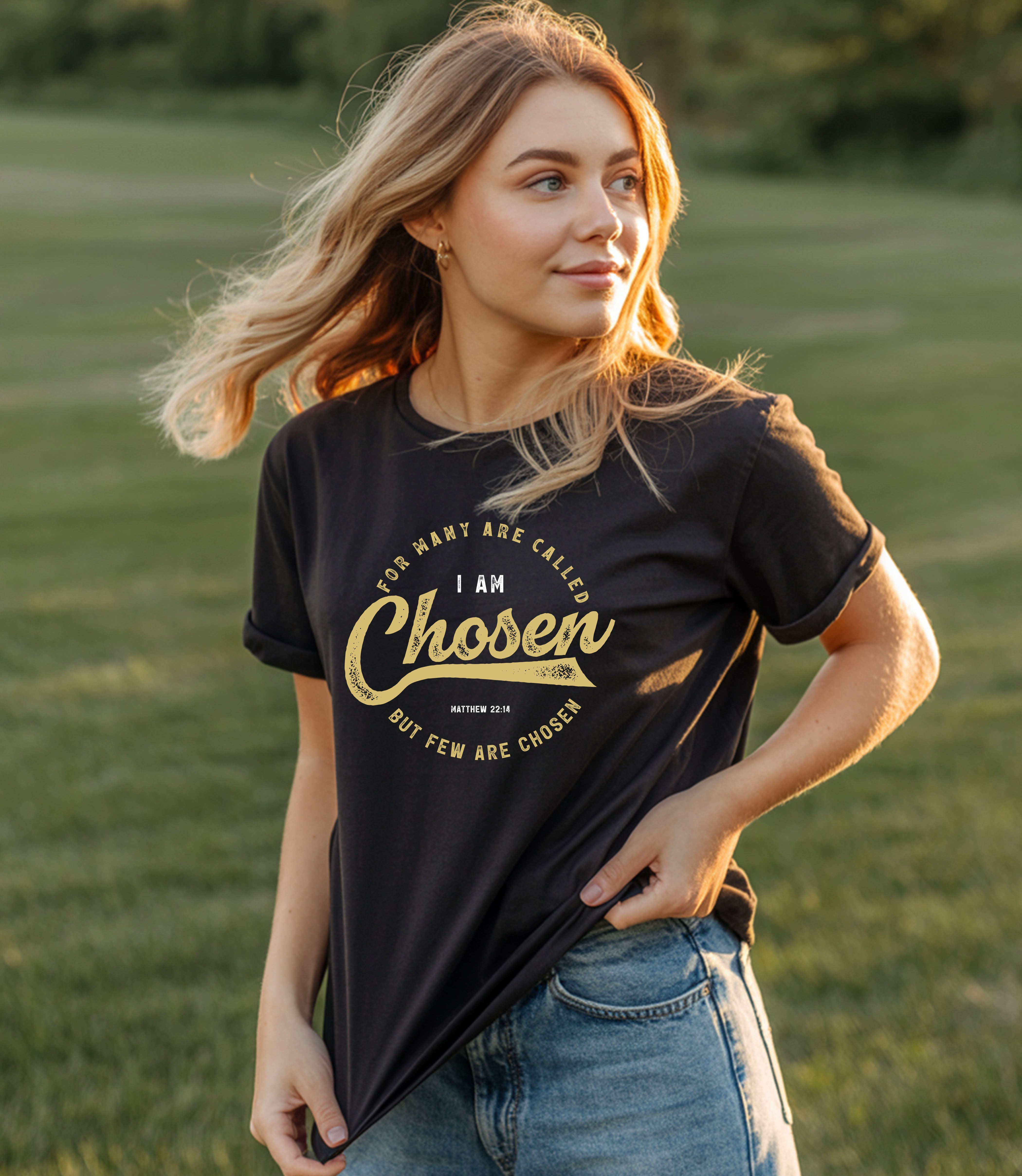 Unisex Softstyle T-Shirt by Printify featuring "I Am Chosen" design, shown in white with printed text on front.