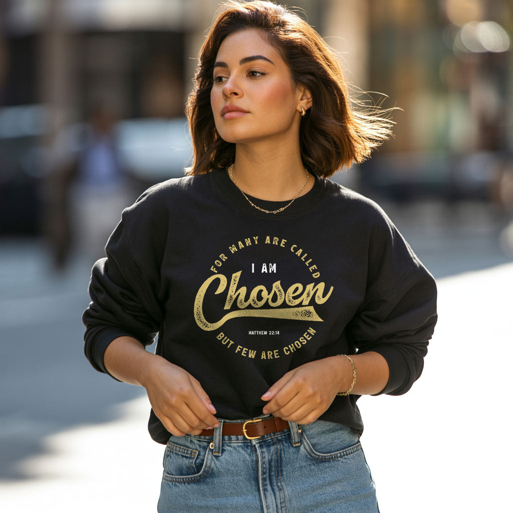Unisex midweight softstyle fleece crewneck sweatshirt with "I Am Chosen" print, made by Printify, shown in the image.