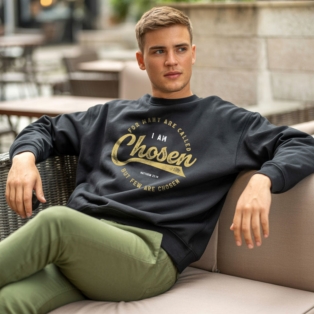Unisex midweight softstyle fleece crewneck sweatshirt with "I Am Chosen" printed design by Printify, shown in black fabric.