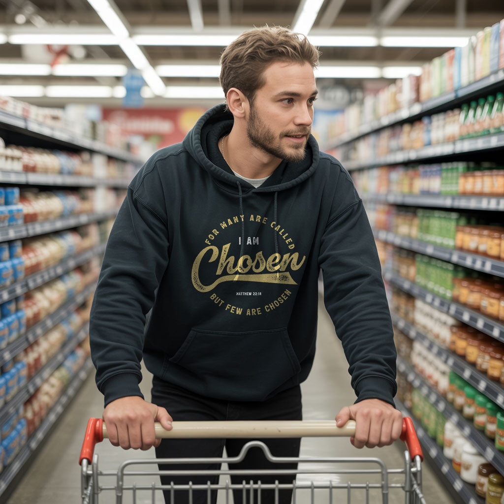Unisex Heavy Blend™ Hoodie by Printify featuring "I Am Chosen" text, gray color, and a front hood and pocket design.