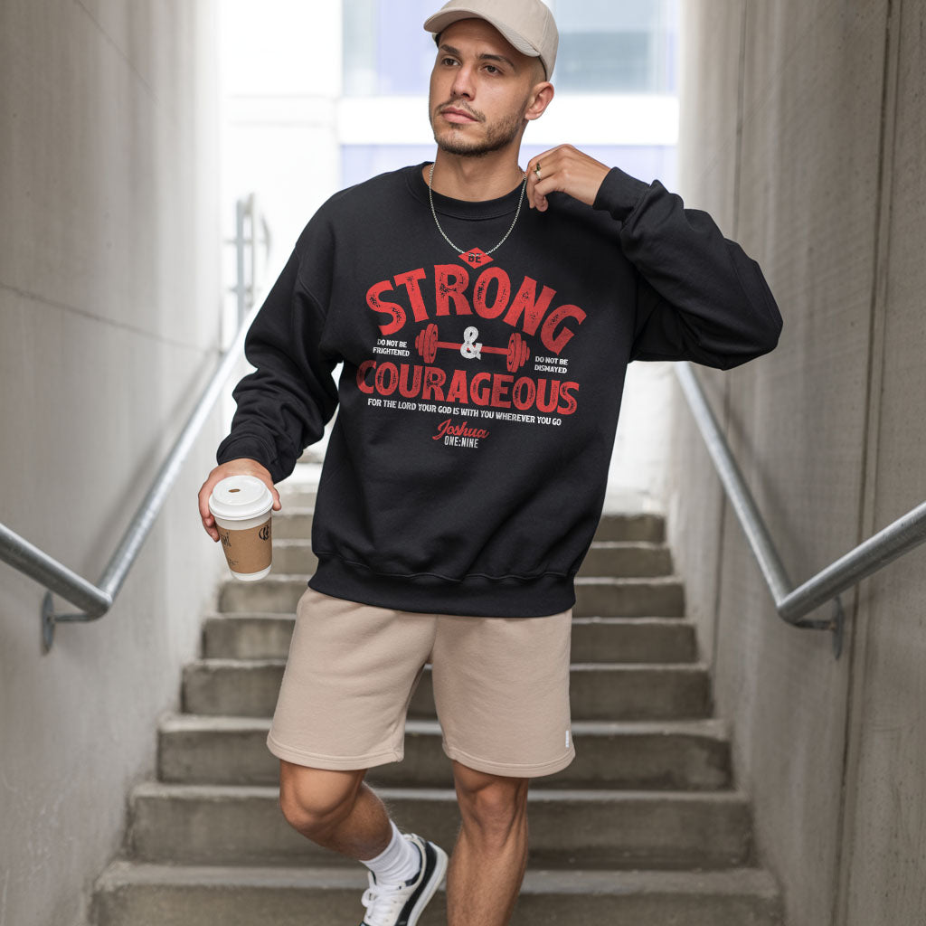 Unisex midweight softstyle fleece crewneck sweatshirt with "Be Strong and Courageous" print, in dark gray fabric.