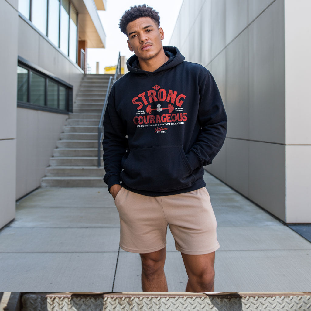 Unisex Heavy Blend™ Hoodie by Printify with "Be Strong and Courageous" slogan, featuring a front print and drawstring hood.