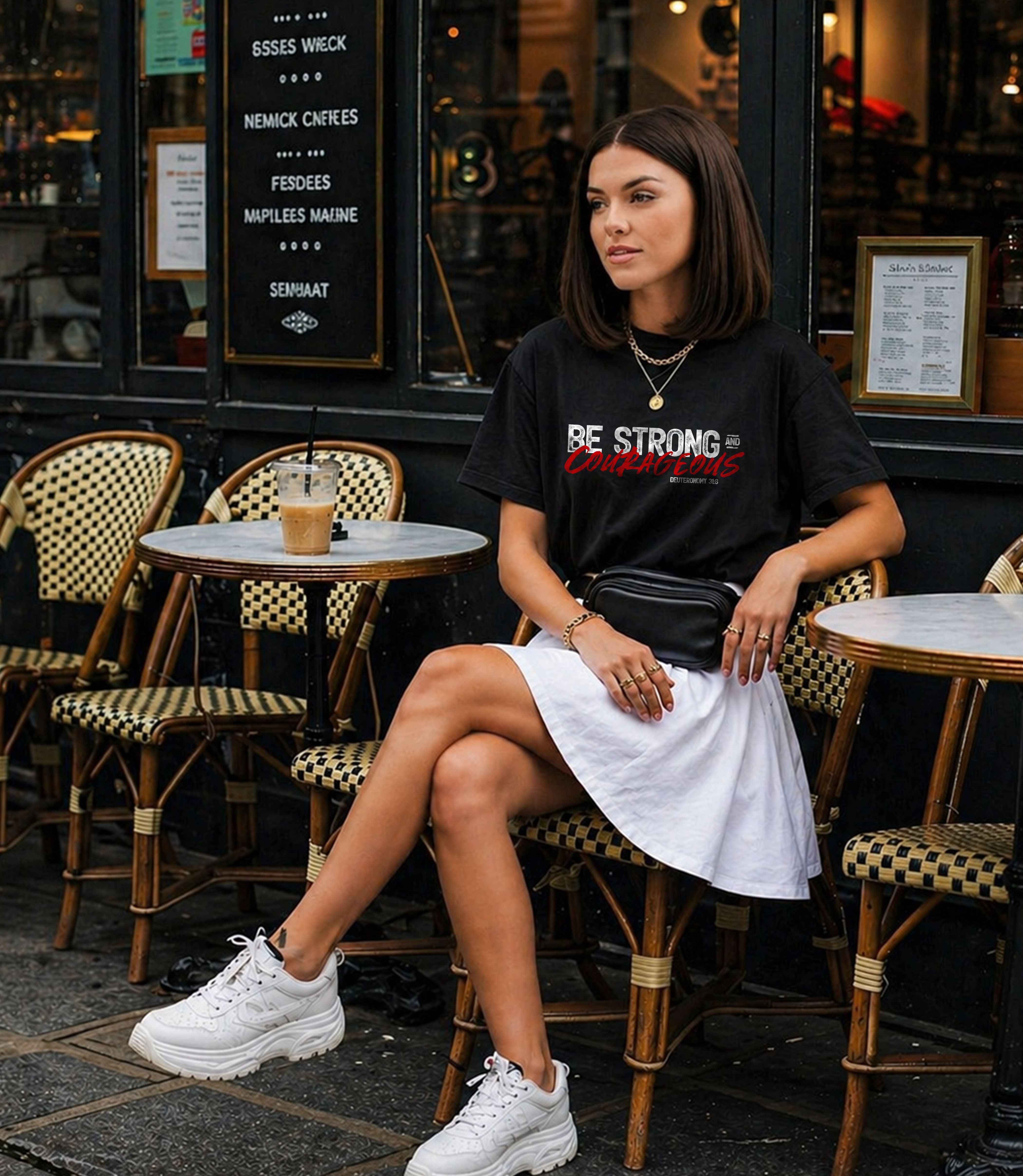Unisex Softstyle T-Shirt by Printify featuring "Be Strong and Courageous" text in black on a white fabric.