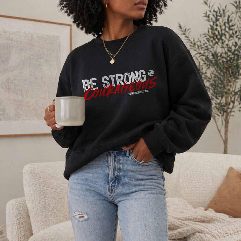 Unisex midweight softstyle fleece crewneck sweatshirt featuring "Be Strong and Courageous" print by Printify.