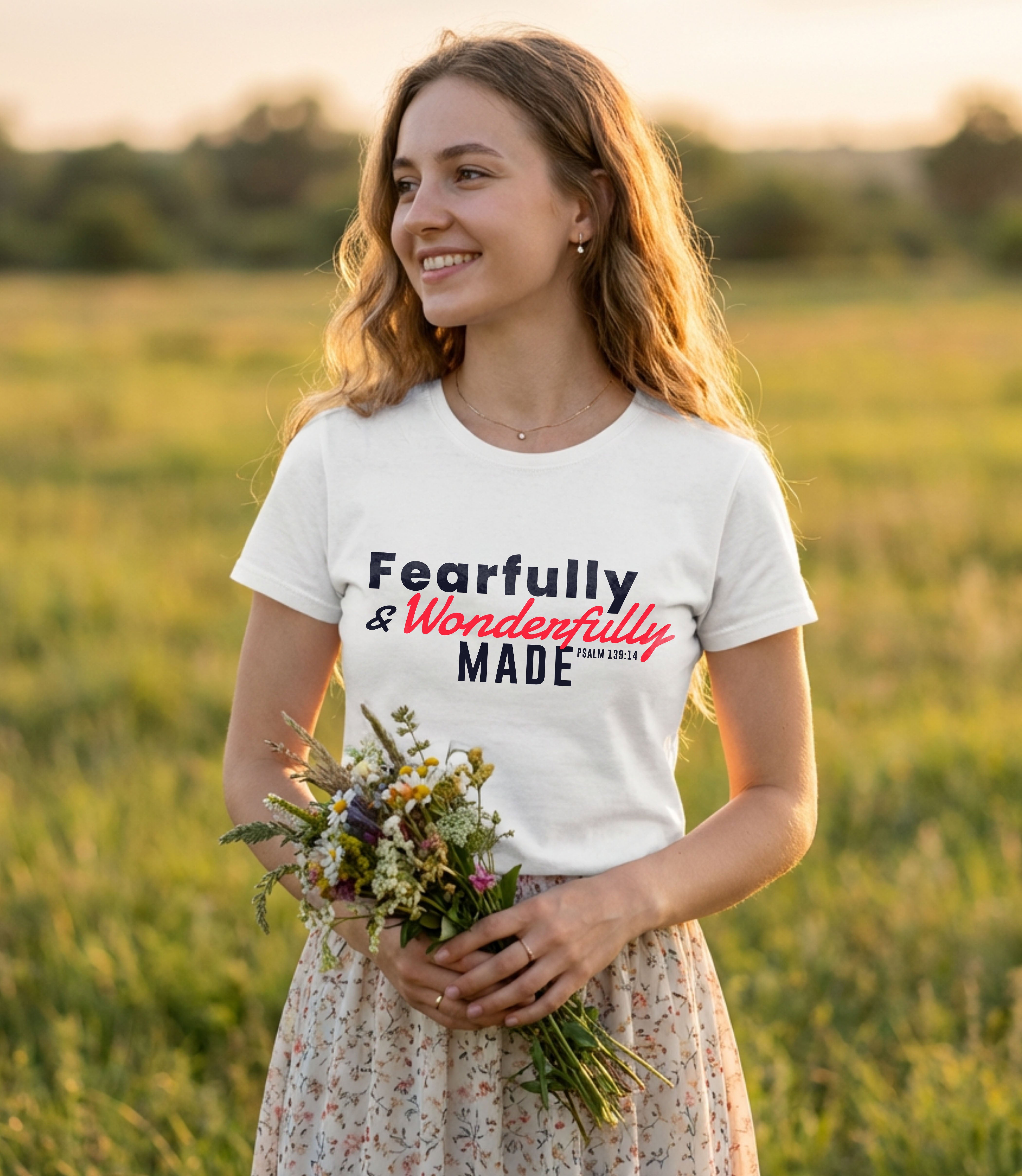 Unisex softstyle T-shirt by Printify featuring a "Fearfully and Wonderfully Made" design, shown on a flat lay.